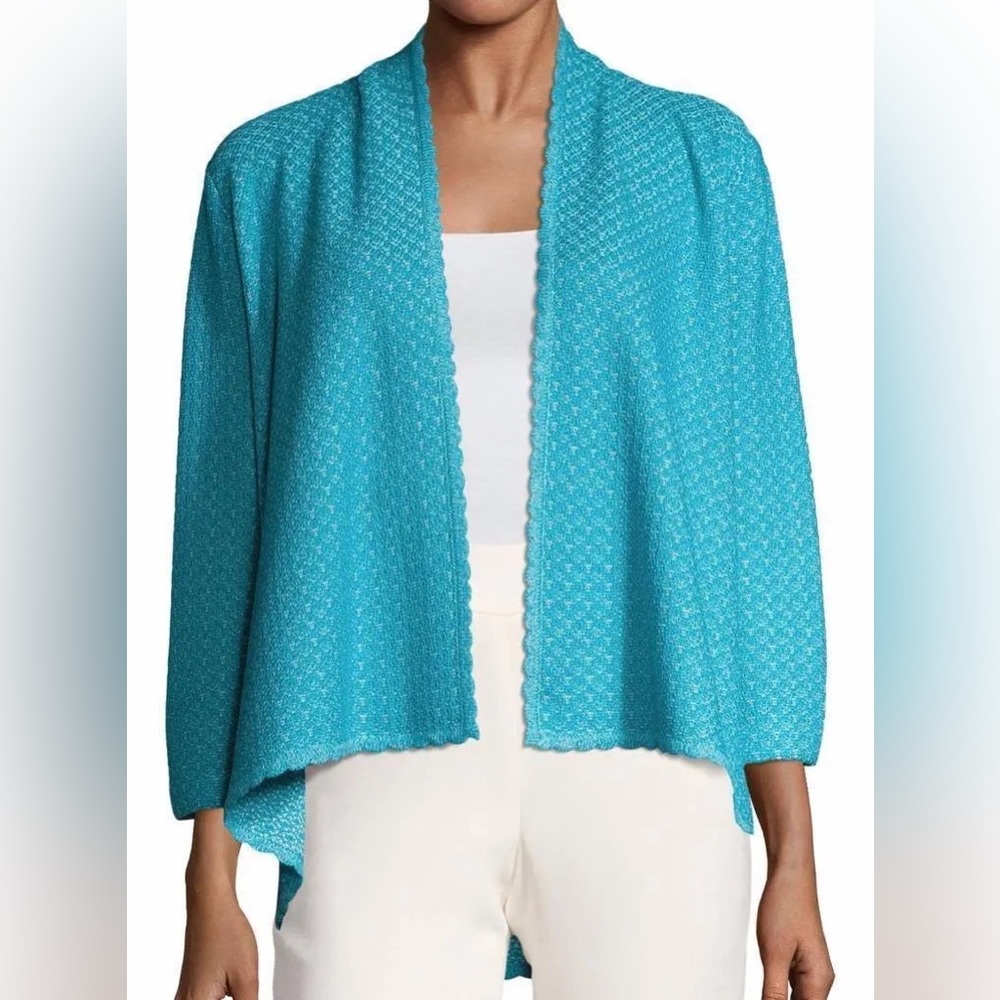 St. John Collection AQUA BLUE & BIANCO Wave Crest Knit Cardigan Jacket